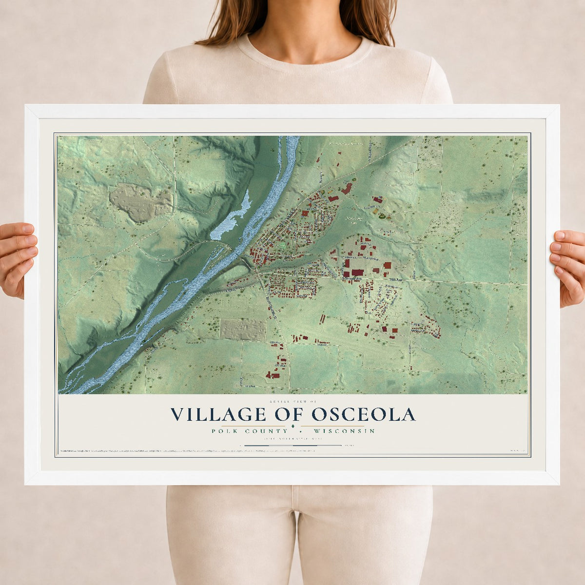 Map of Osceola, Wisconsin, 18 x 24 inch print in a white wood frame