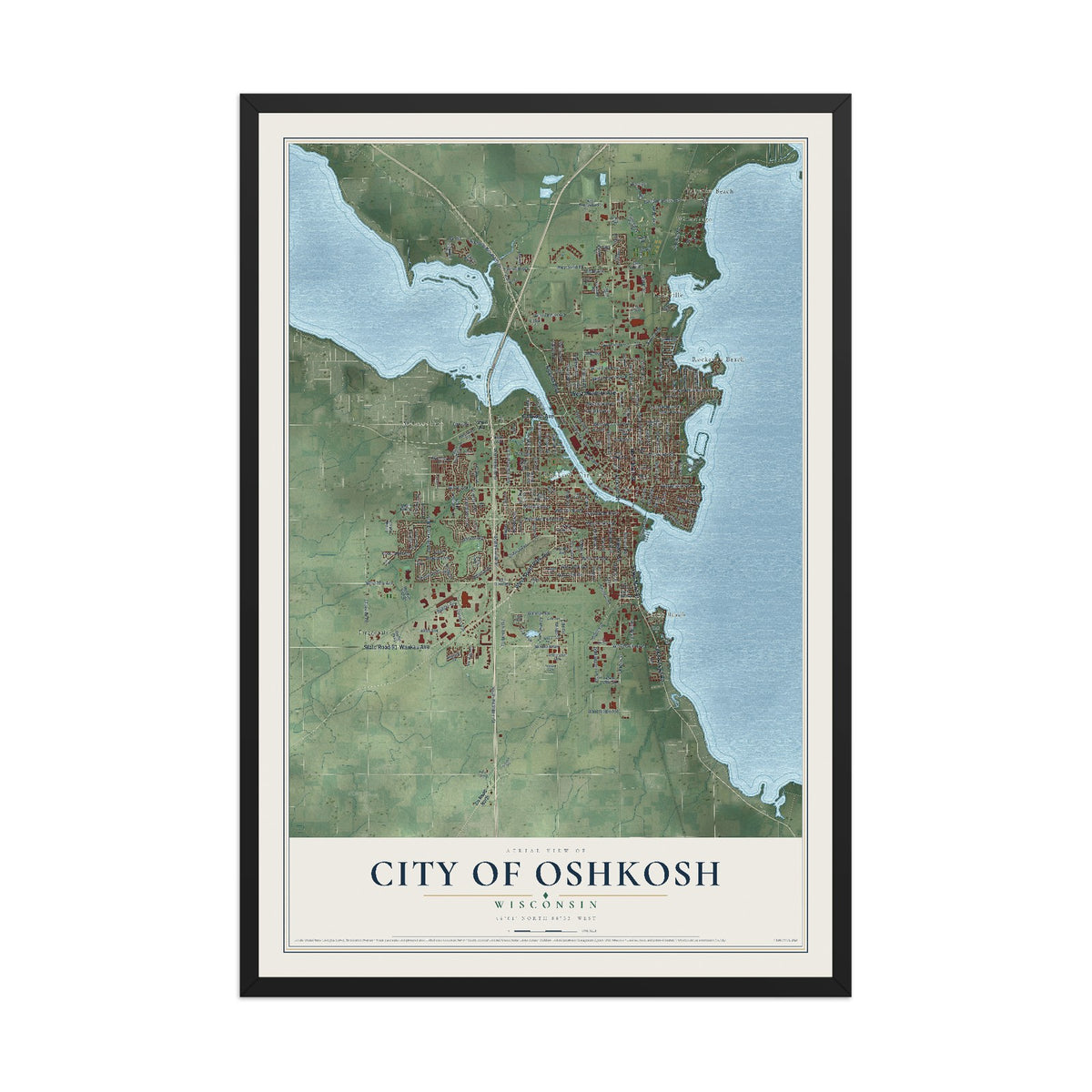 Map of Oshkosh, Wisconsin, 12 x 18 inch print in a black wood frame