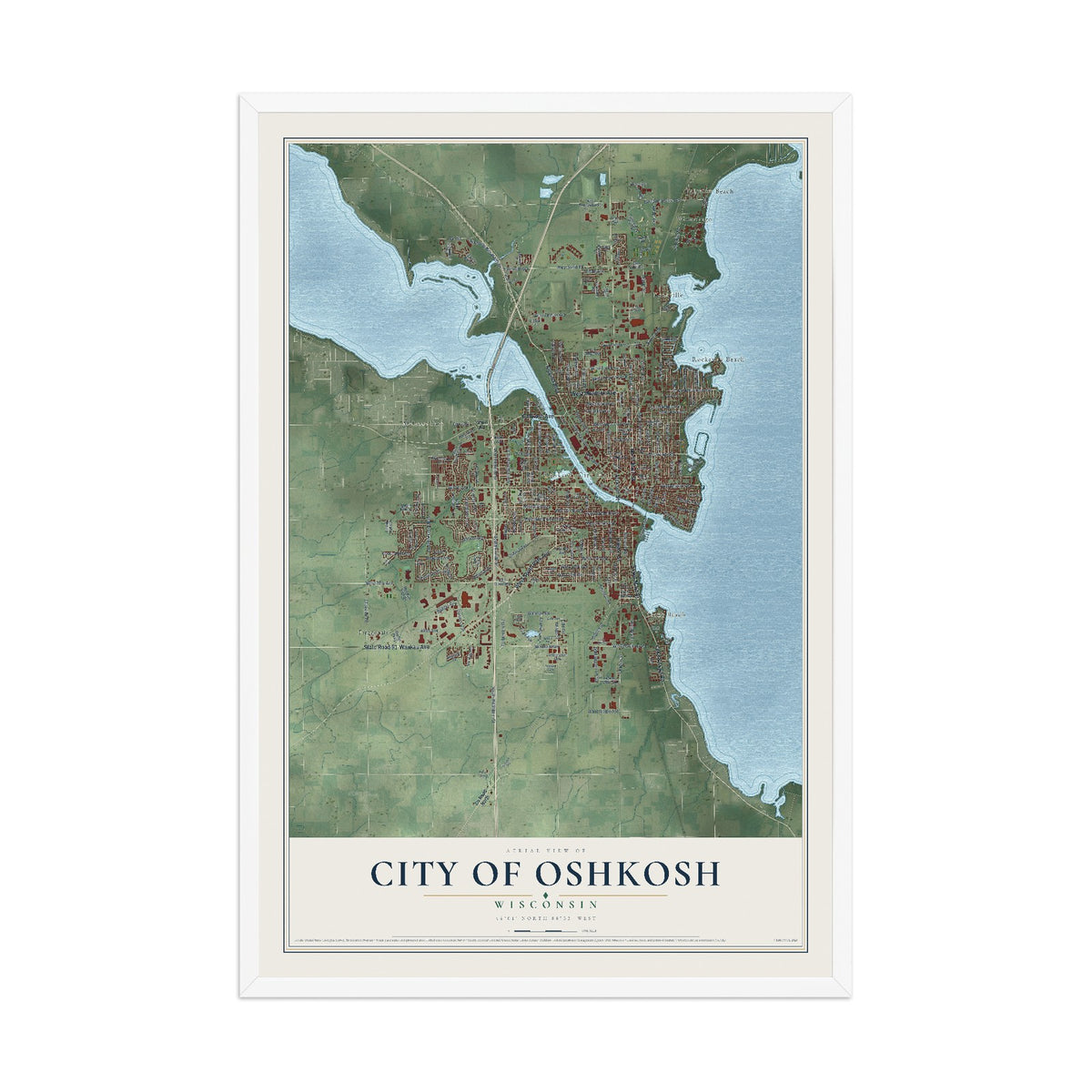 Map of Oshkosh, Wisconsin, 12 x 18 inch print in a white wood frame