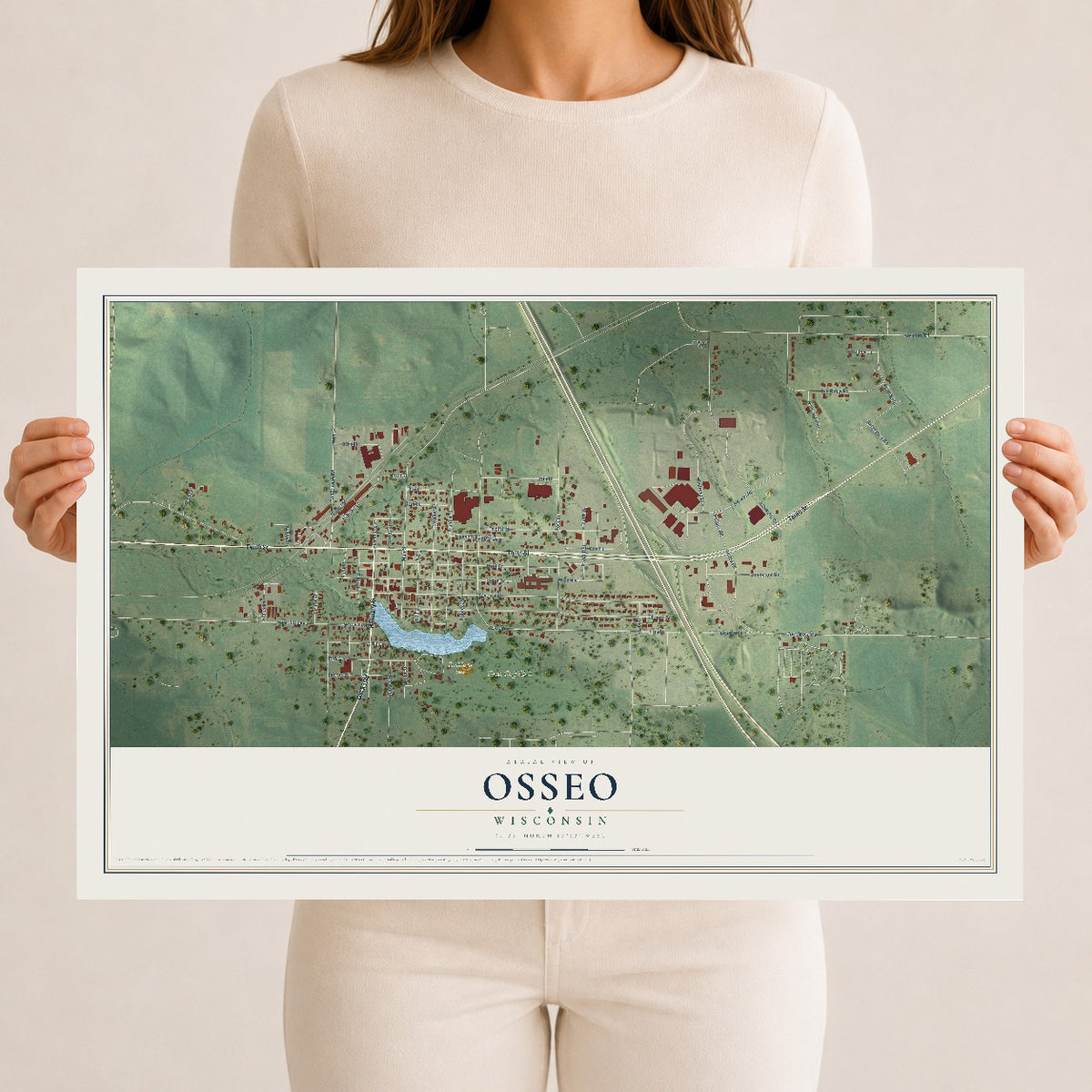 Map of Osseo, Wisconsin, 12 x 18 inch unframed archival matte print