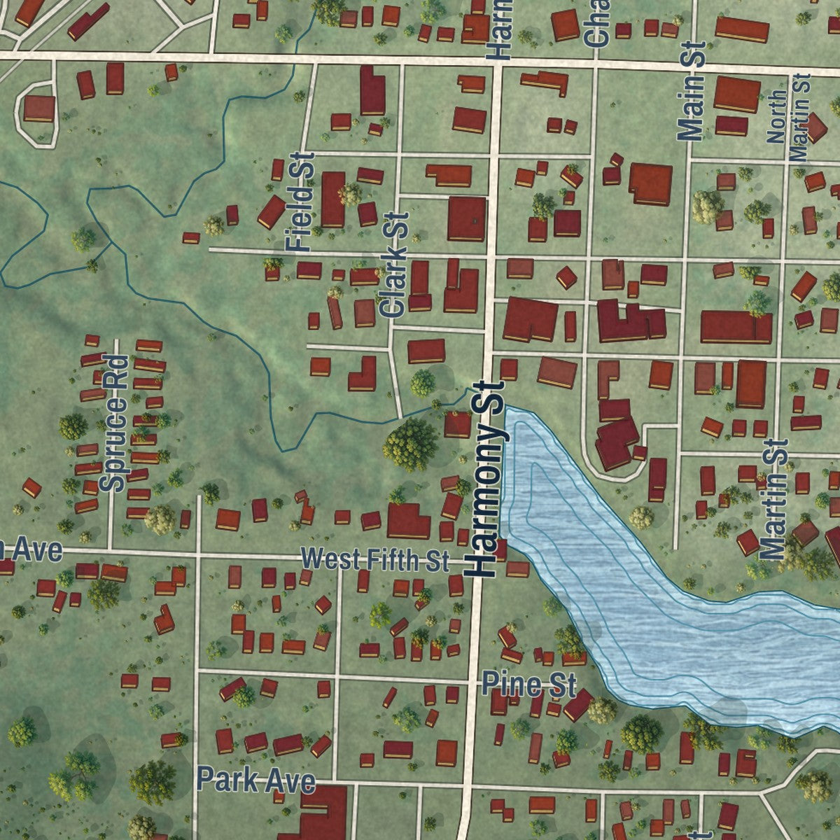 Close-up of the map of Osseo, Wisconsin print showing street and building detail