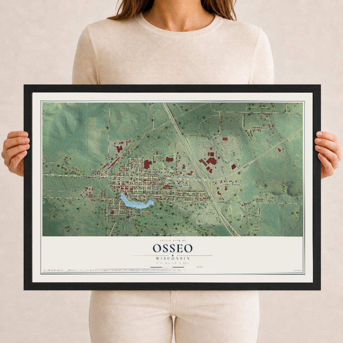 Map of Osseo, Wisconsin, 12 x 18 inch print in a black wood frame