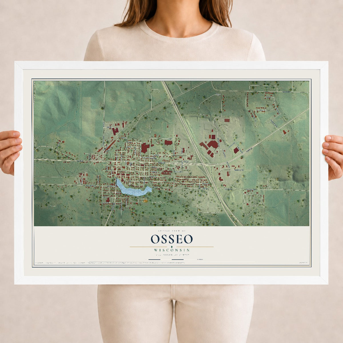 Map of Osseo, Wisconsin, 18 x 24 inch print in a white wood frame