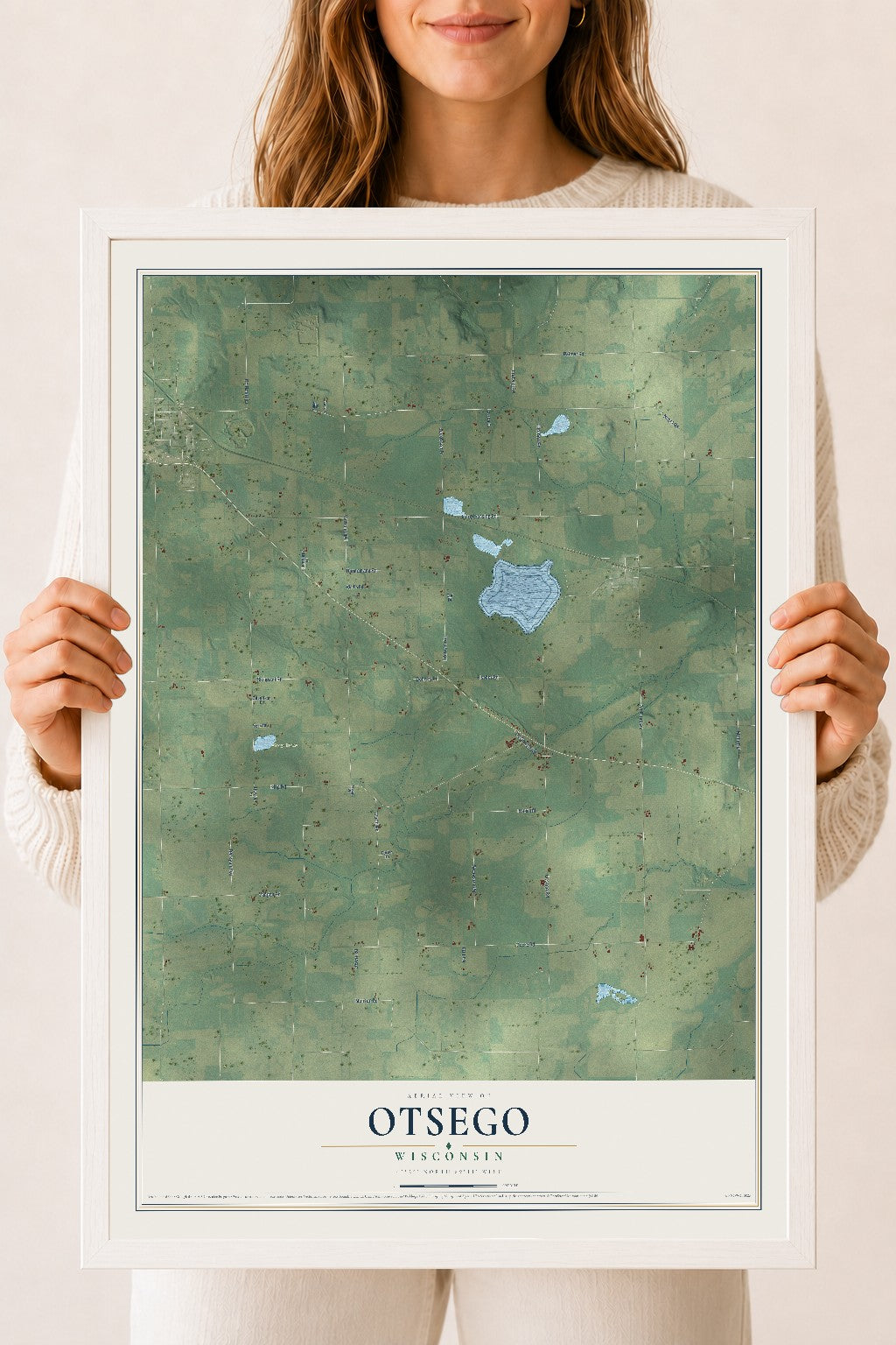 Map of Otsego, Wisconsin, 18 x 24 inch print in a white wood frame