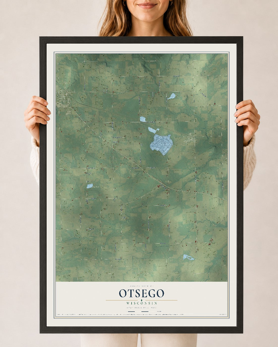 Map of Otsego, Wisconsin, 24 x 36 inch print in a black wood frame