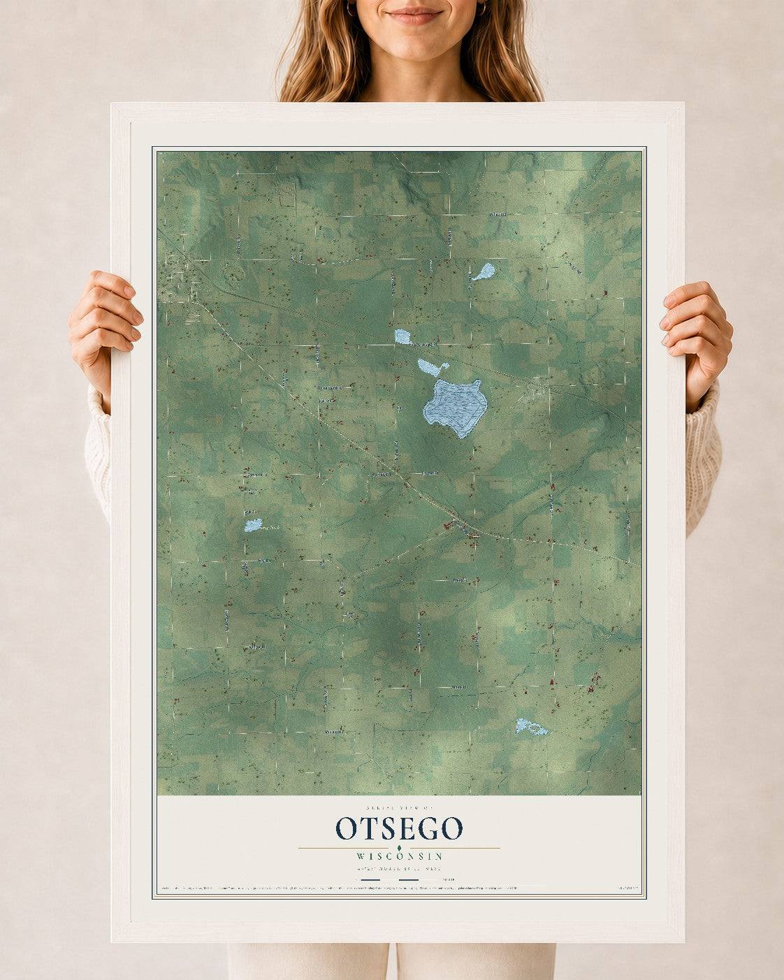 Map of Otsego, Wisconsin, 24 x 36 inch print in a white wood frame