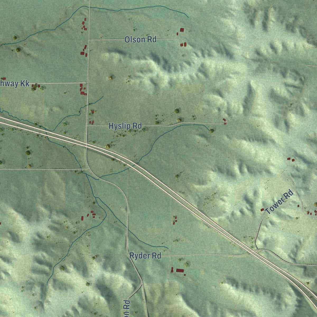 Close-up of the map of Otter Creek, Eau Claire County, Wisconsin print showing street and building detail