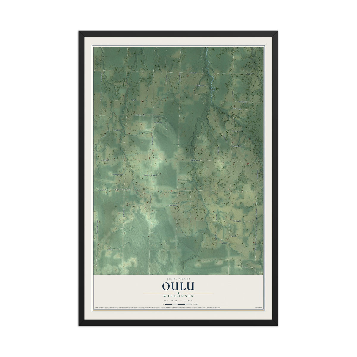 Map of Oulu, Wisconsin, 12 x 18 inch print in a black wood frame