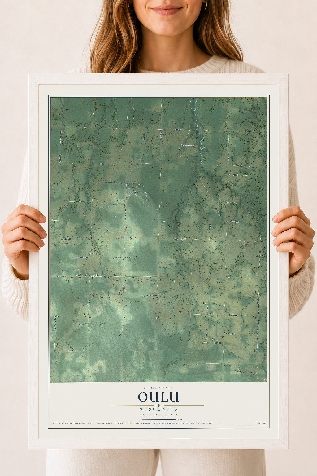 Map of Oulu, Wisconsin, 18 x 24 inch print in a white wood frame