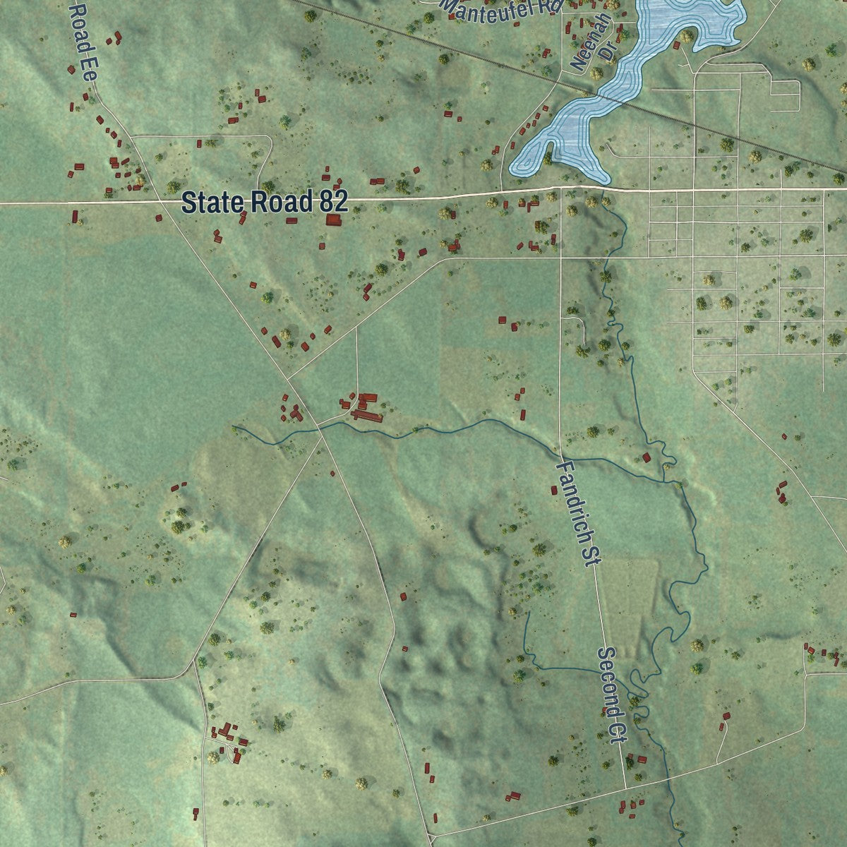 Close-up of the map of the Town of Oxford, Wisconsin print showing street and building detail