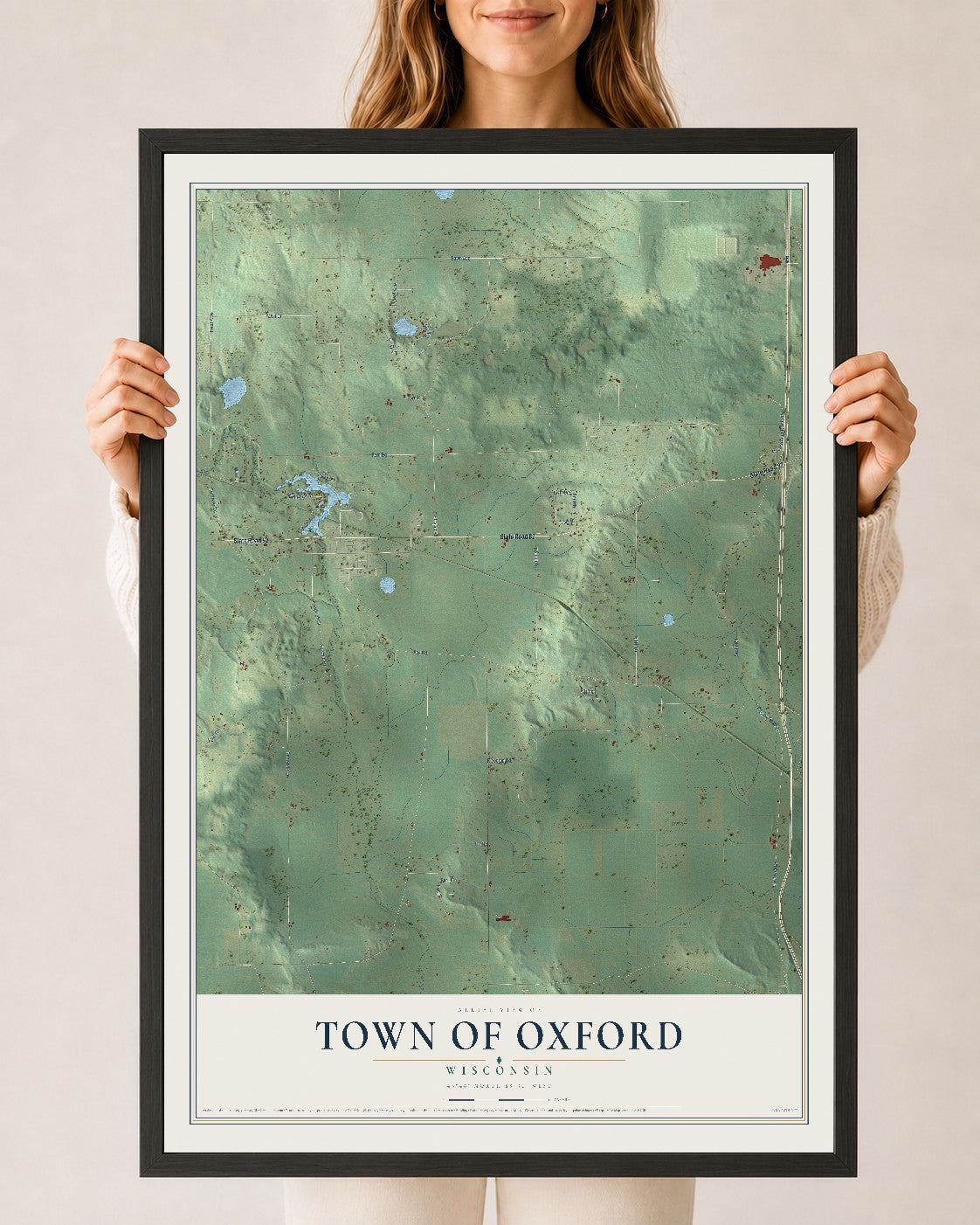 Map of the Town of Oxford, Wisconsin, 24 x 36 inch print in a black wood frame