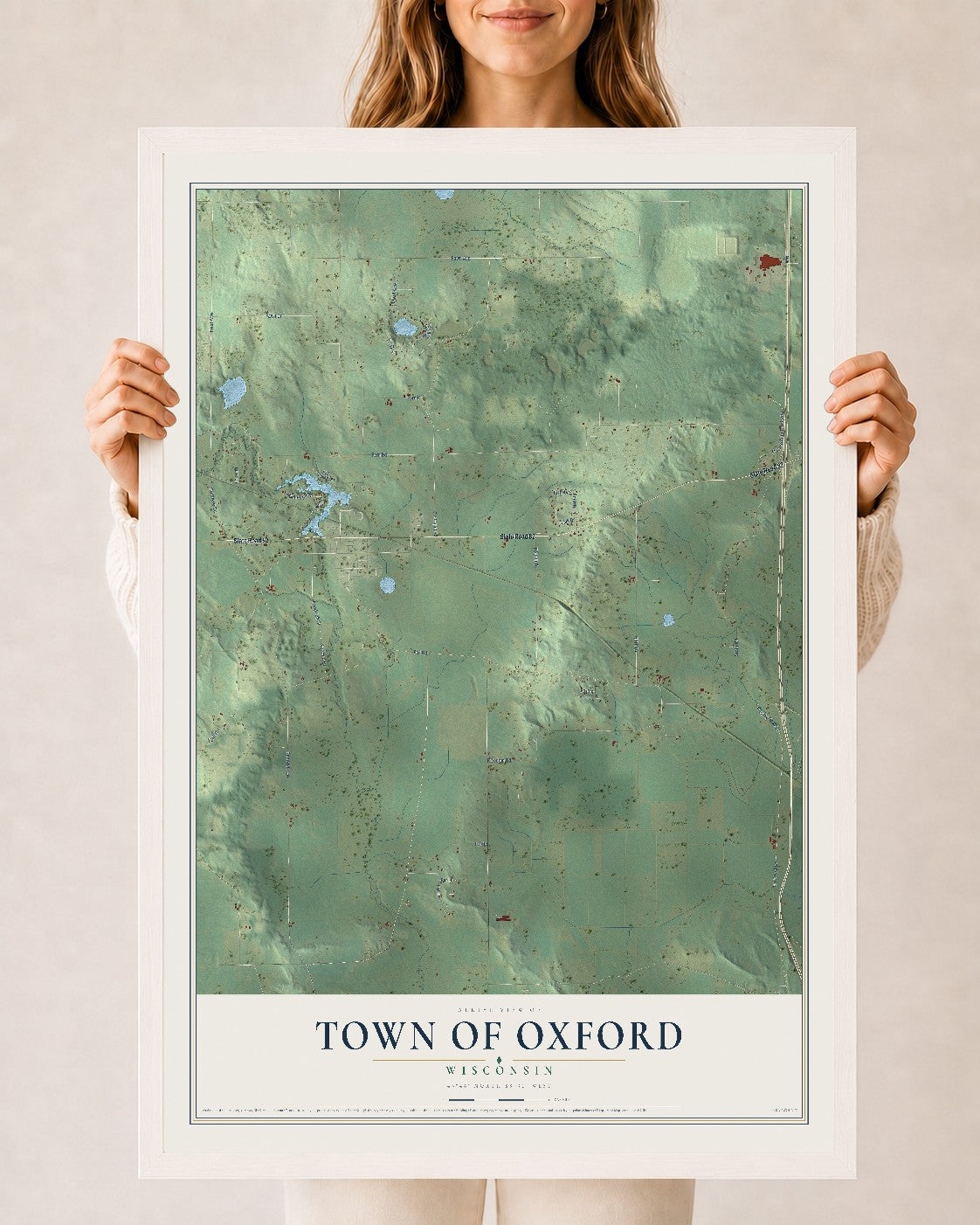 Map of the Town of Oxford, Wisconsin, 24 x 36 inch print in a white wood frame