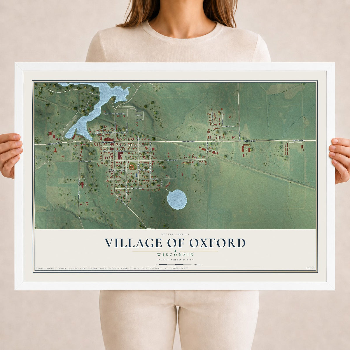 Map of Oxford, Wisconsin, 18 x 24 inch print in a white wood frame