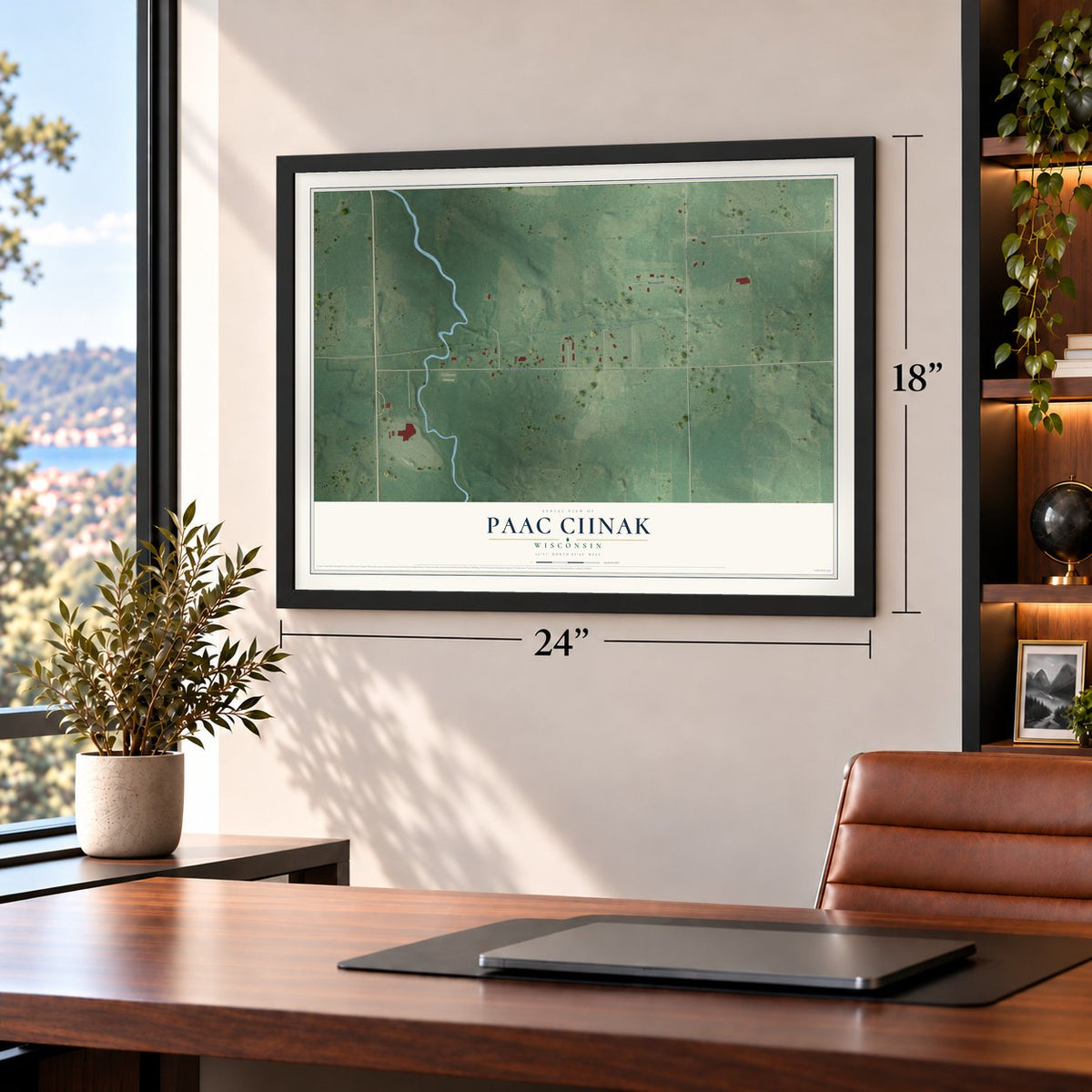 Paac Ciinak, Wisconsin map, 18 x 24 inch print in a black frame in a home office