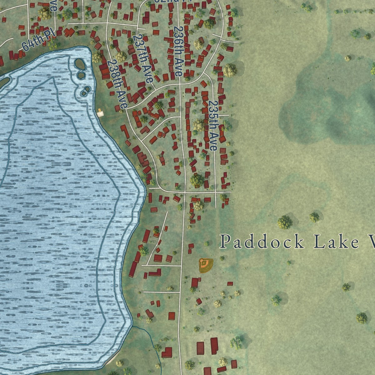 Close-up of the map of Paddock Lake, Wisconsin print showing street and building detail