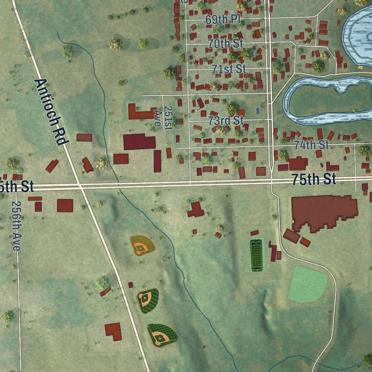 Second close-up of the map of Paddock Lake, Wisconsin print showing more streets and buildings