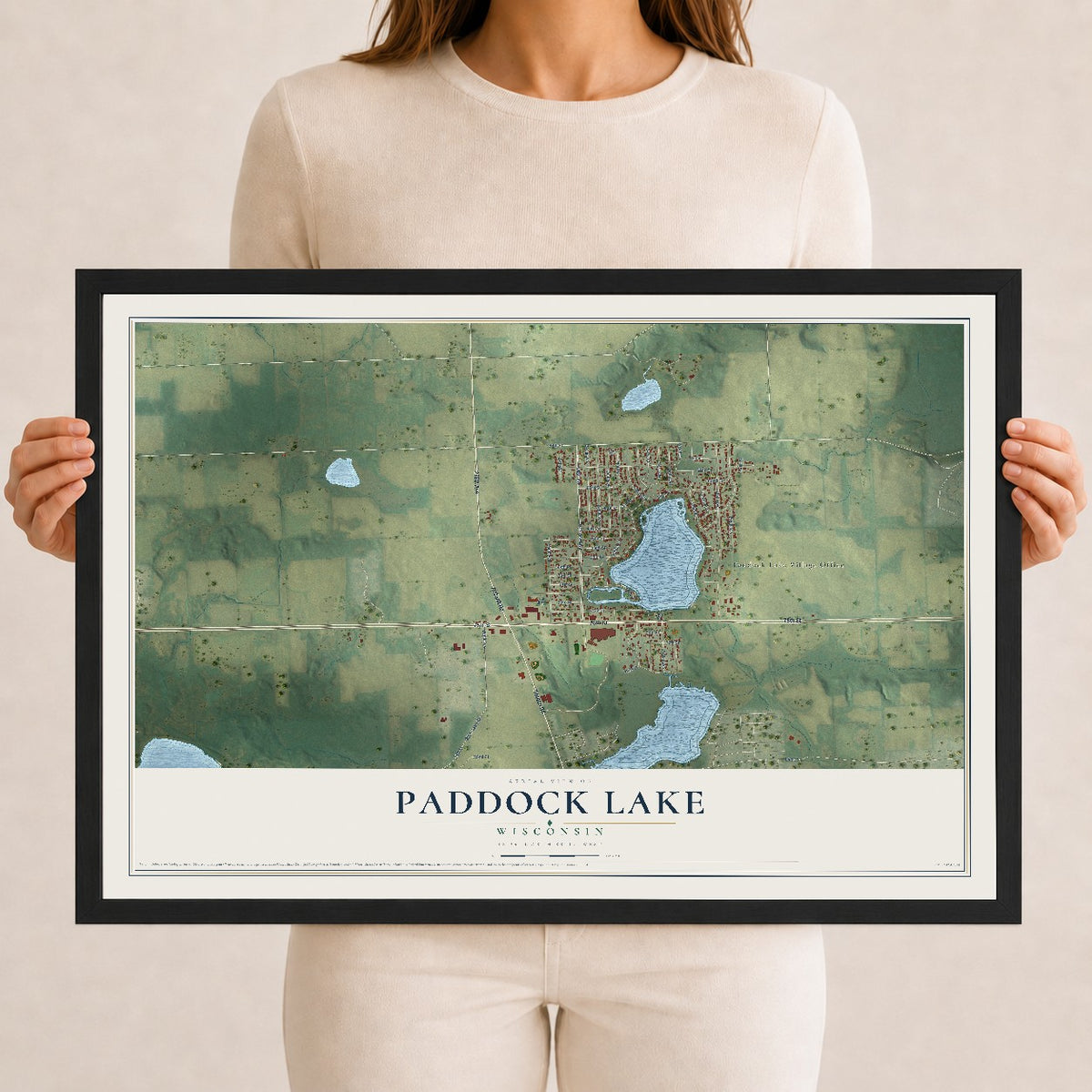 Map of Paddock Lake, Wisconsin, 12 x 18 inch print in a black wood frame