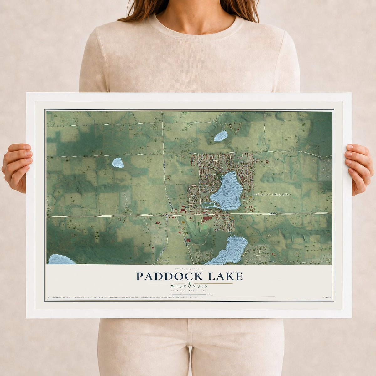 Map of Paddock Lake, Wisconsin, 12 x 18 inch print in a white wood frame