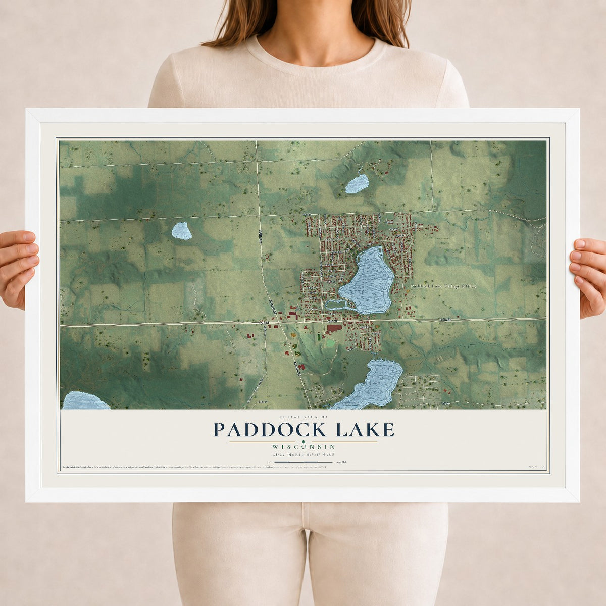 Map of Paddock Lake, Wisconsin, 18 x 24 inch print in a white wood frame