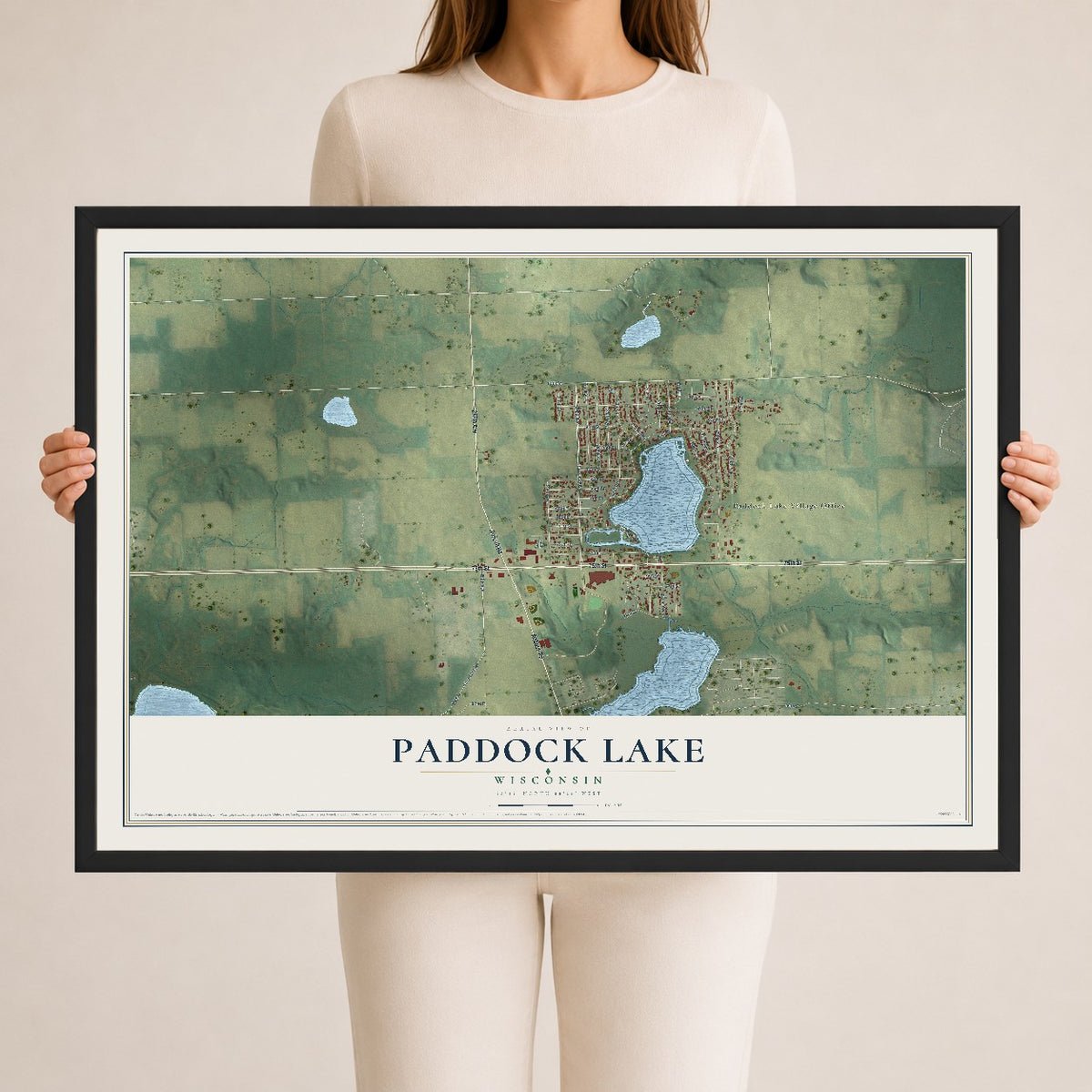 Map of Paddock Lake, Wisconsin, 24 x 36 inch print in a black wood frame
