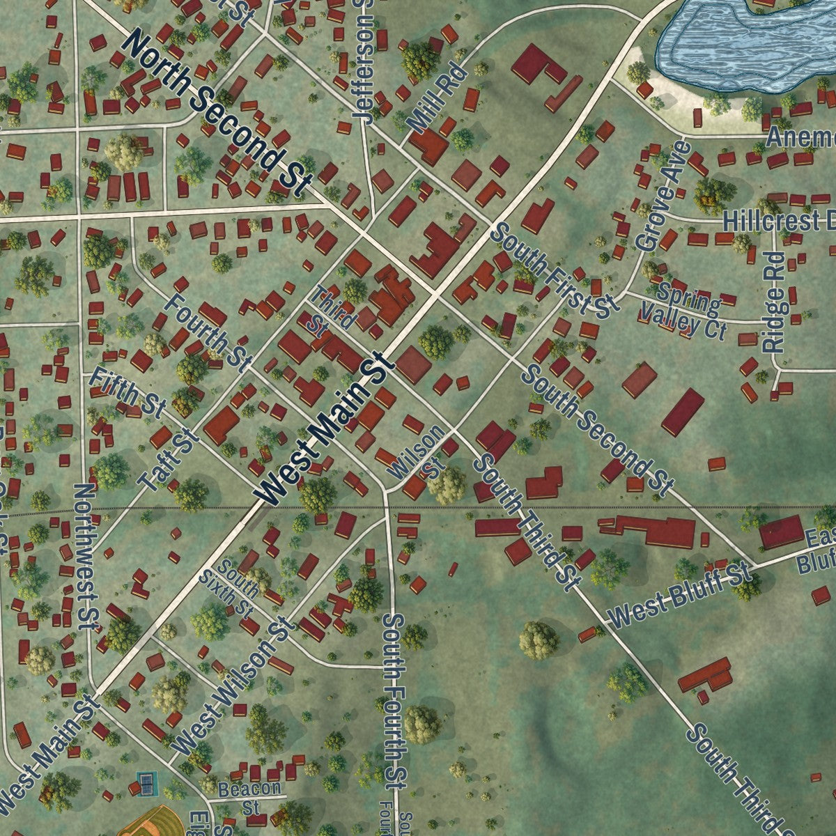 Close-up of the map of Palmyra, Wisconsin print showing street and building detail