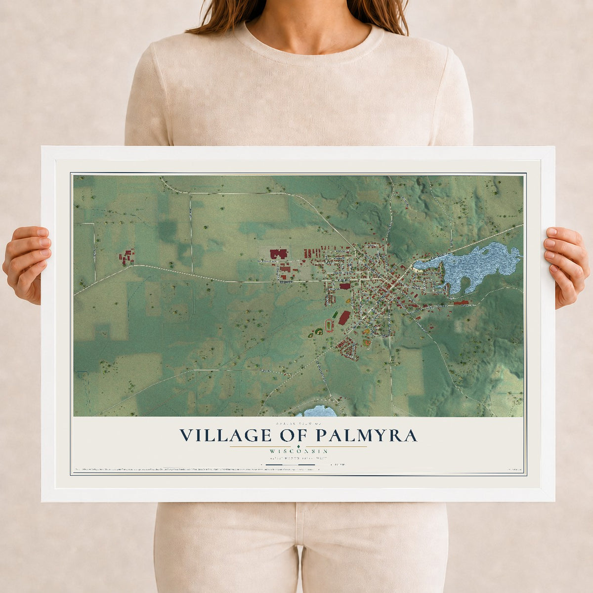 Map of Palmyra, Wisconsin, 12 x 18 inch print in a white wood frame