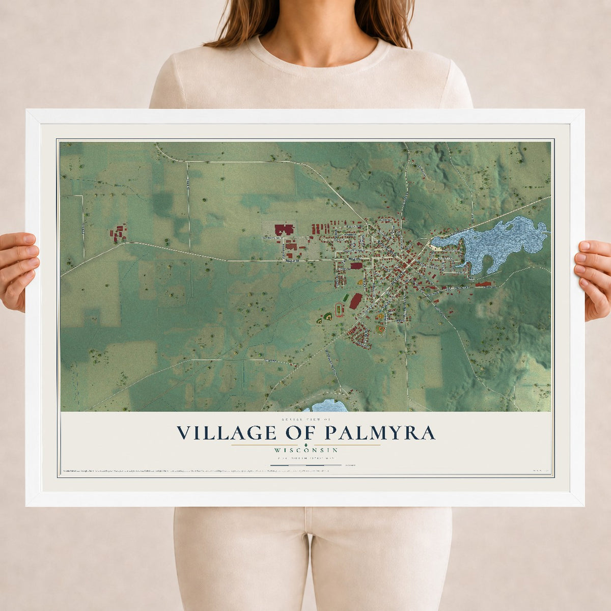 Map of Palmyra, Wisconsin, 18 x 24 inch print in a white wood frame