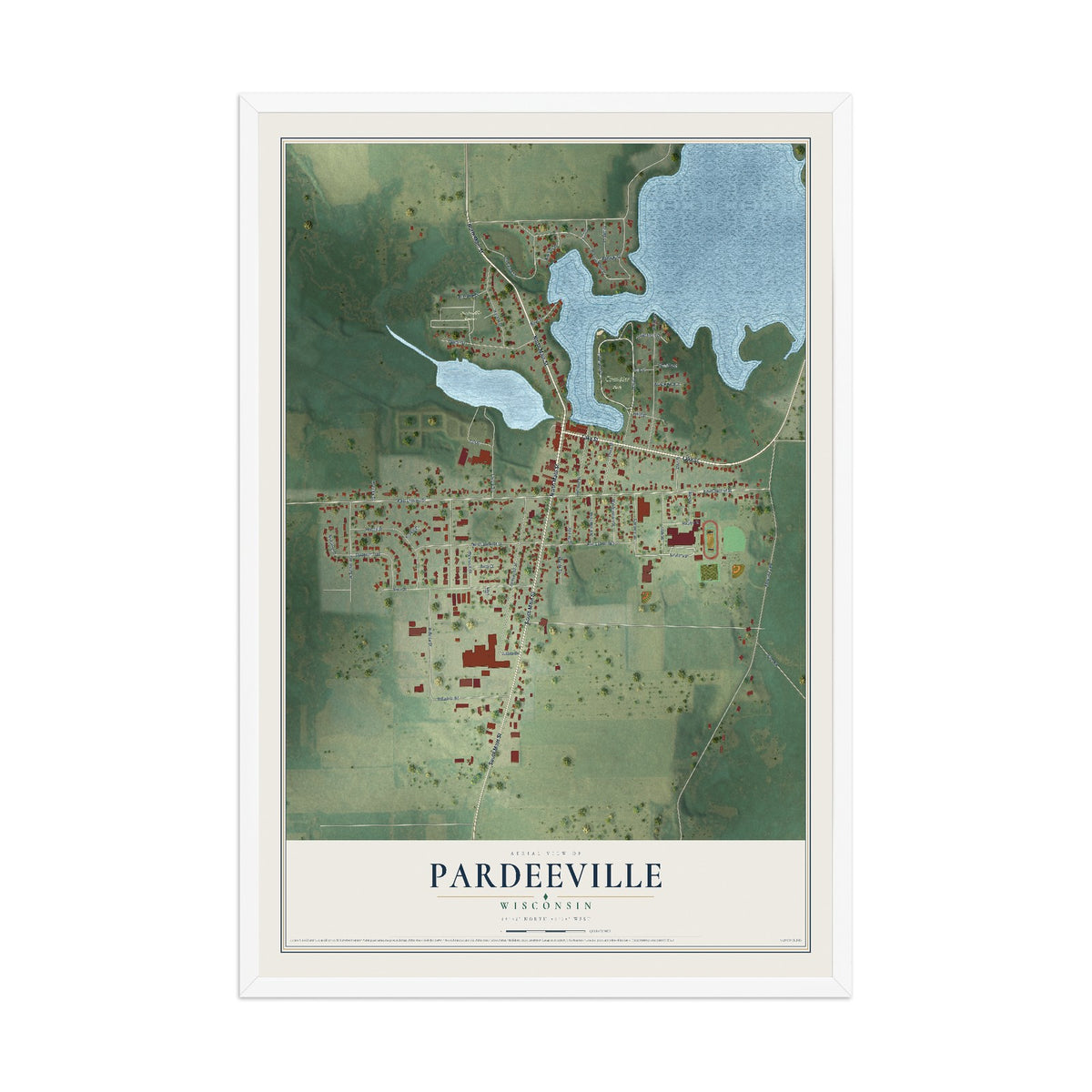 Map of Pardeeville, Wisconsin, 12 x 18 inch print in a white wood frame
