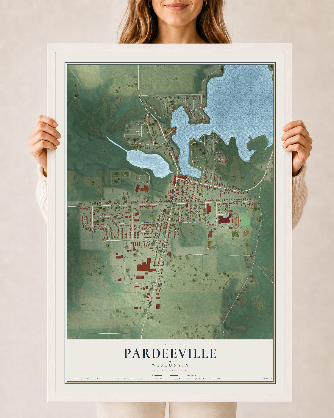 Map of Pardeeville, Wisconsin, 24 x 36 inch print in a white wood frame