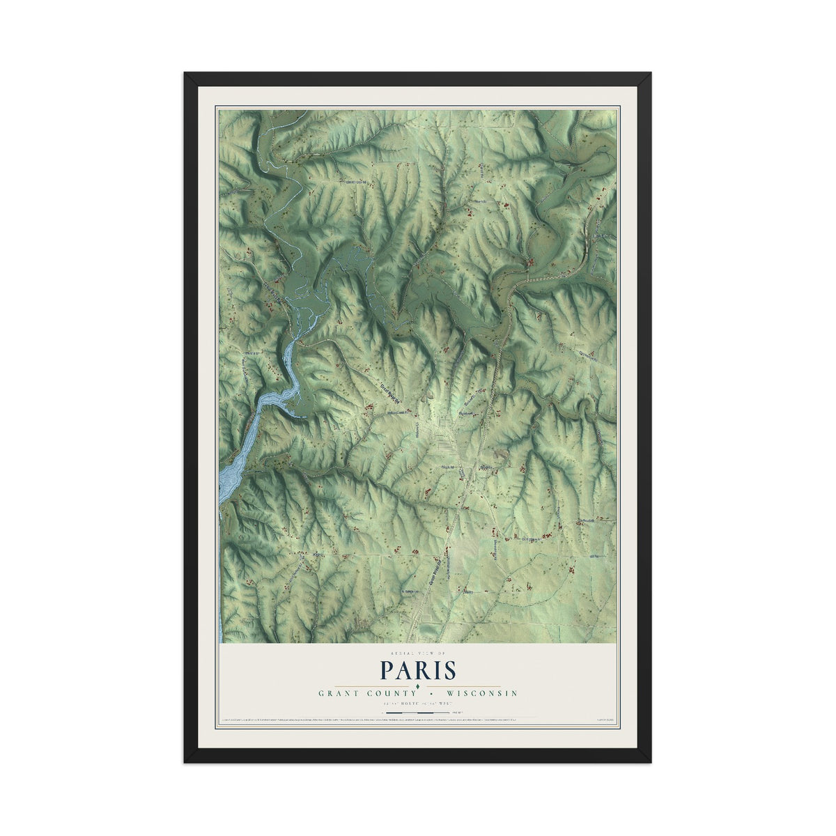 Map of Paris, Grant County, Wisconsin, 12 x 18 inch print in a black wood frame