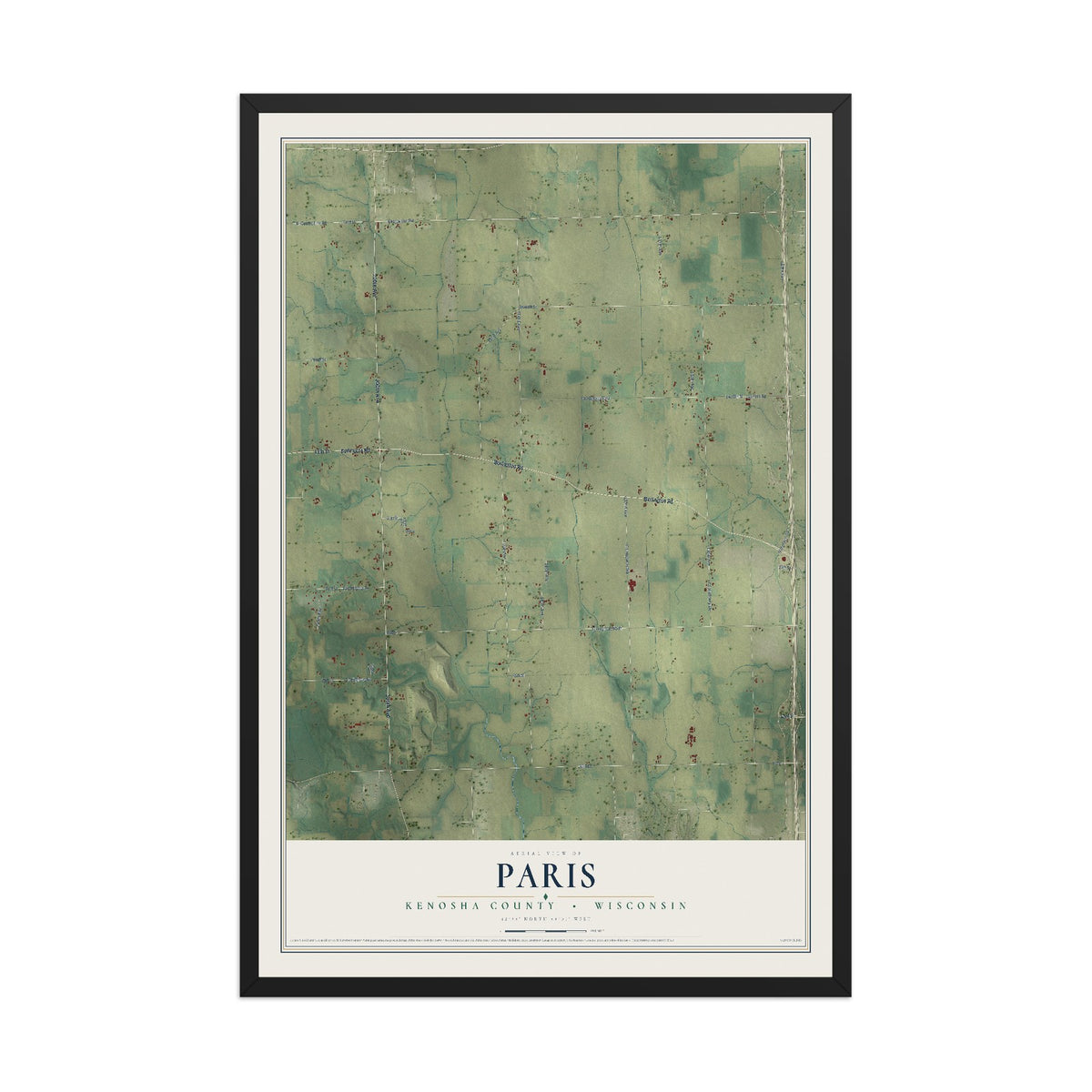 Map of Paris, Kenosha County, Wisconsin, 12 x 18 inch print in a black wood frame