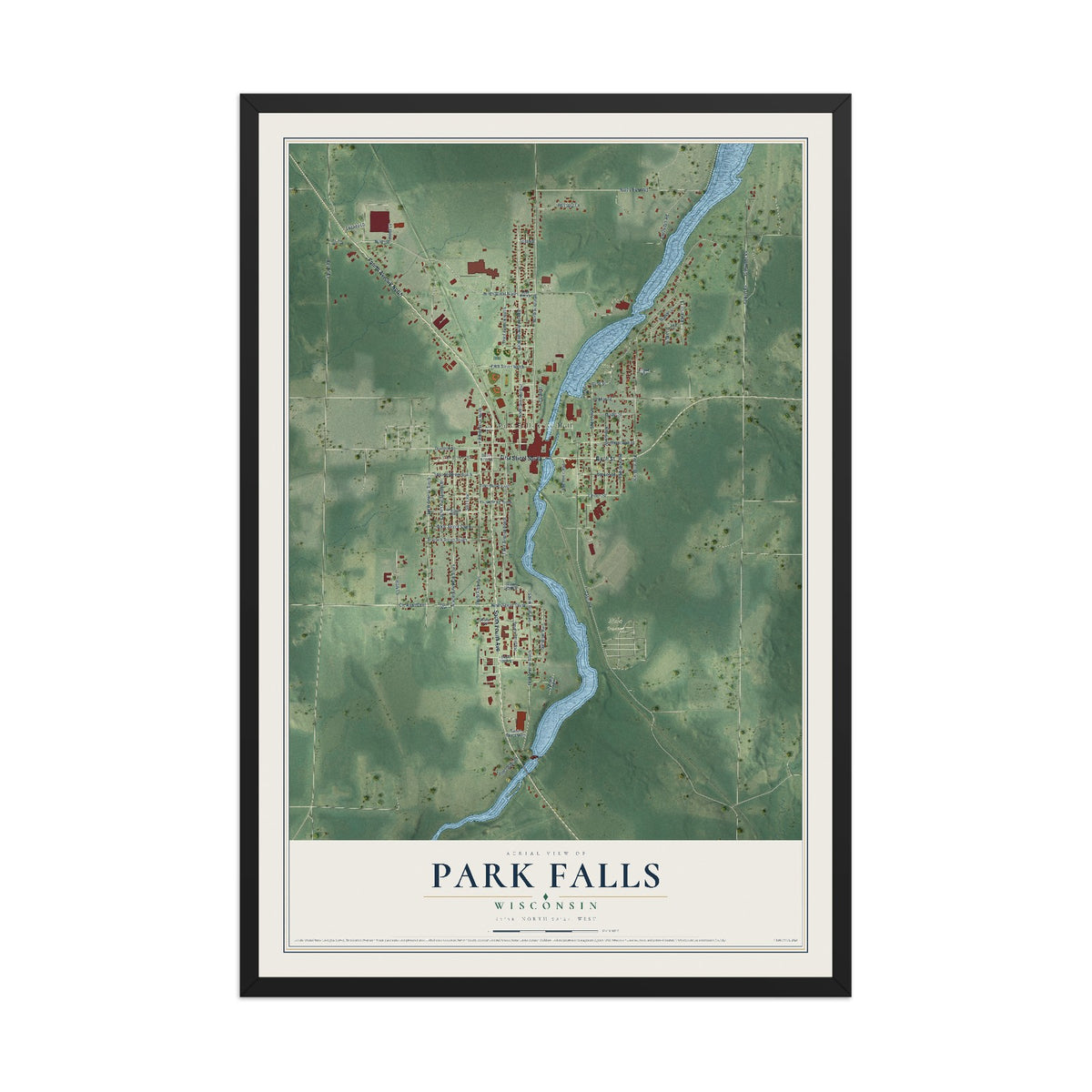 Map of Park Falls, Wisconsin, 12 x 18 inch print in a black wood frame