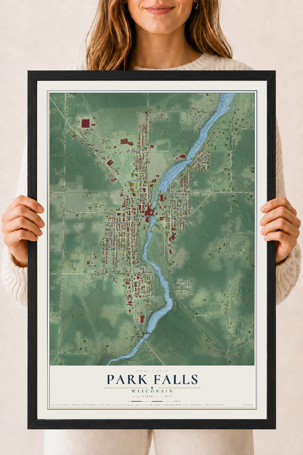 Map of Park Falls, Wisconsin, 18 x 24 inch print in a black wood frame