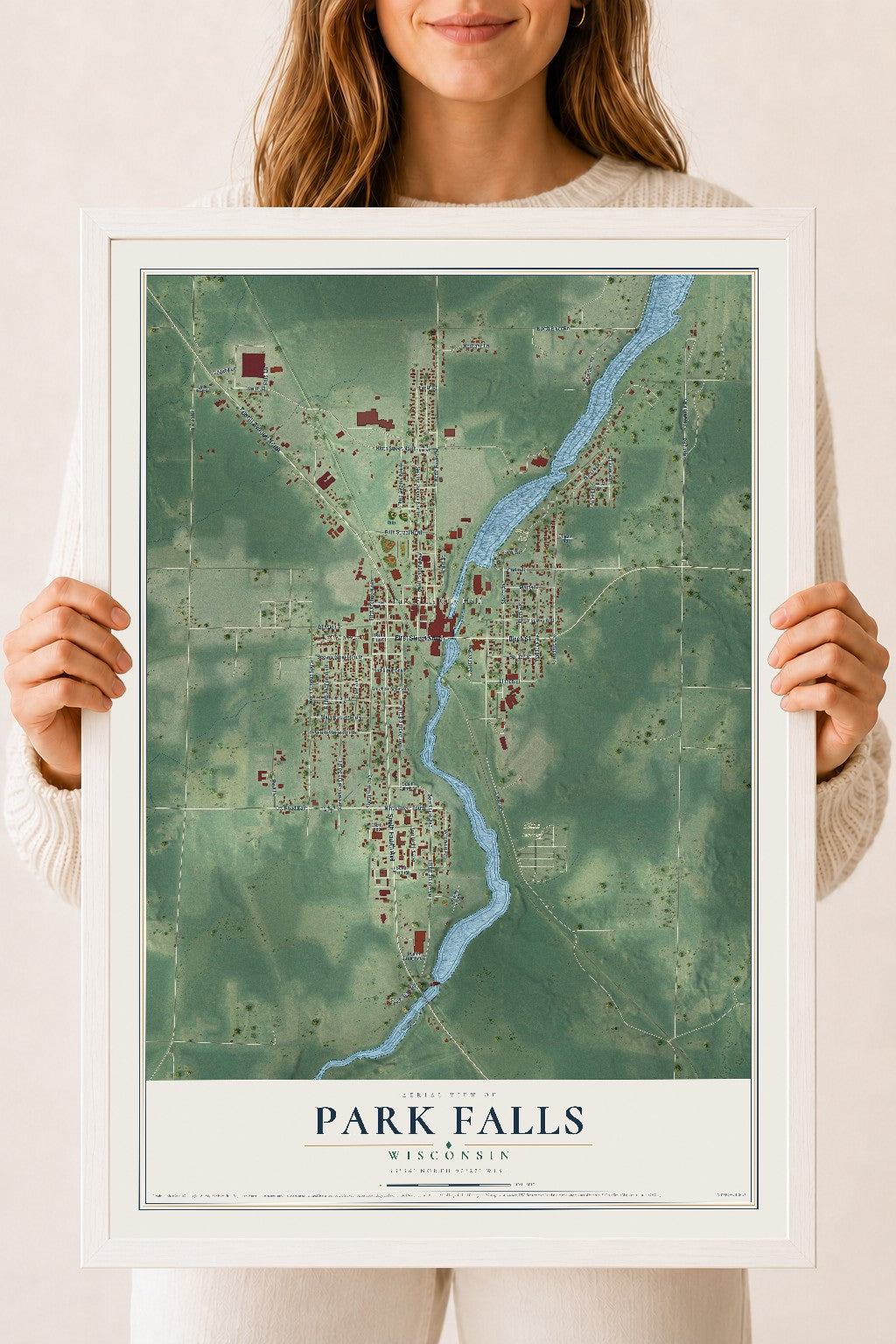 Map of Park Falls, Wisconsin, 18 x 24 inch print in a white wood frame