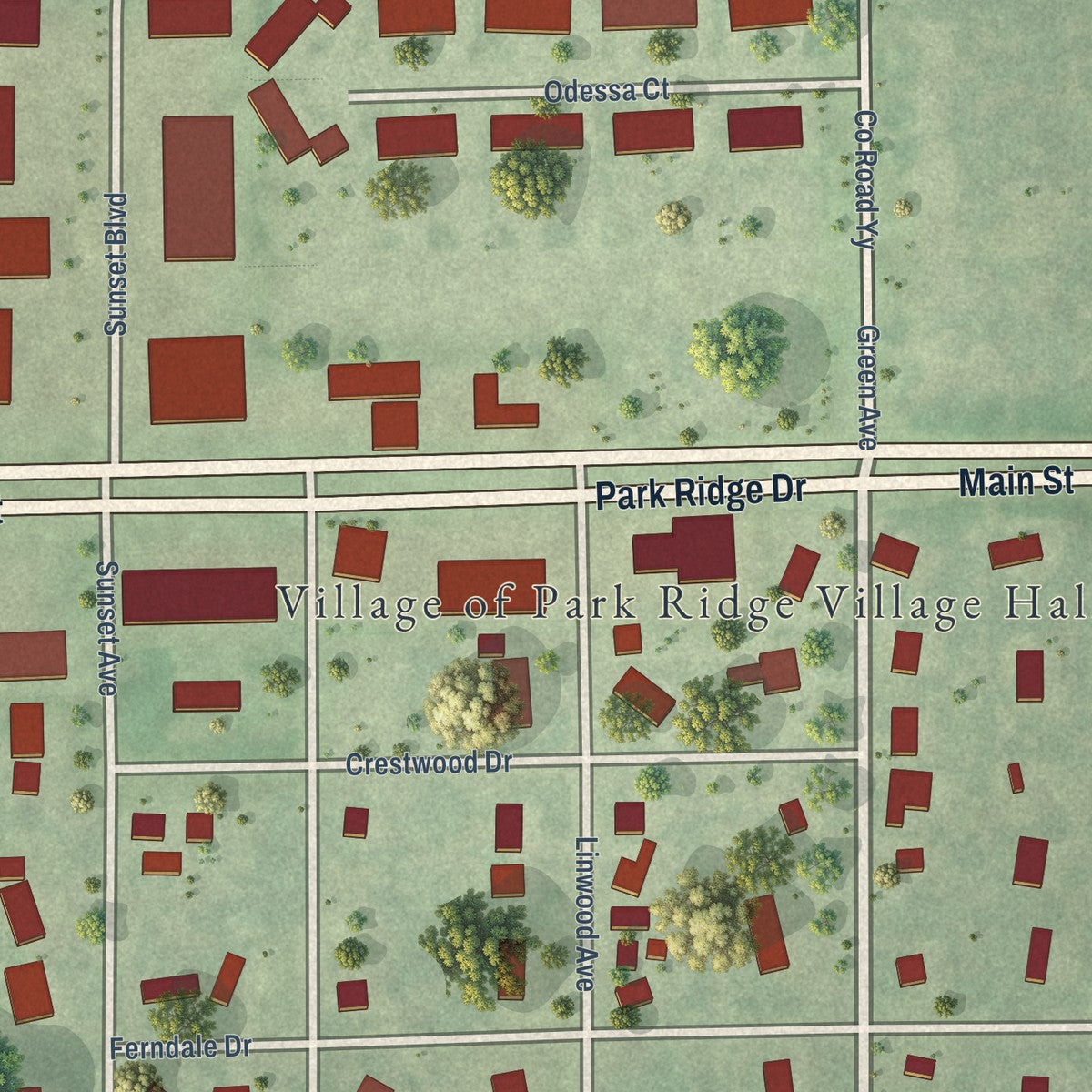 Close-up of the map of Park Ridge, Wisconsin print showing street and building detail