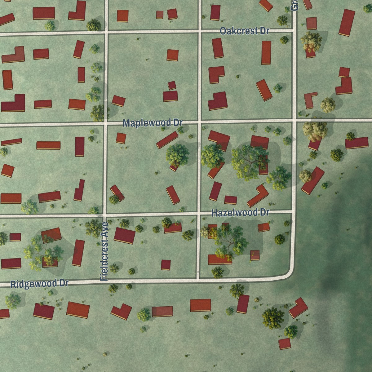 Second close-up of the map of Park Ridge, Wisconsin print showing more streets and buildings