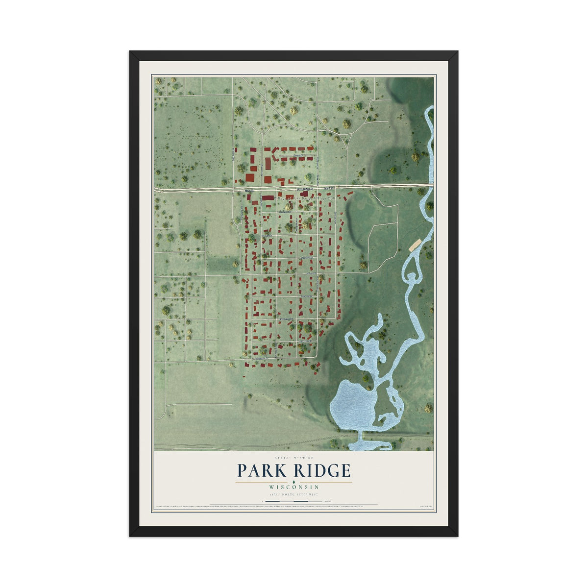 Map of Park Ridge, Wisconsin, 12 x 18 inch print in a black wood frame