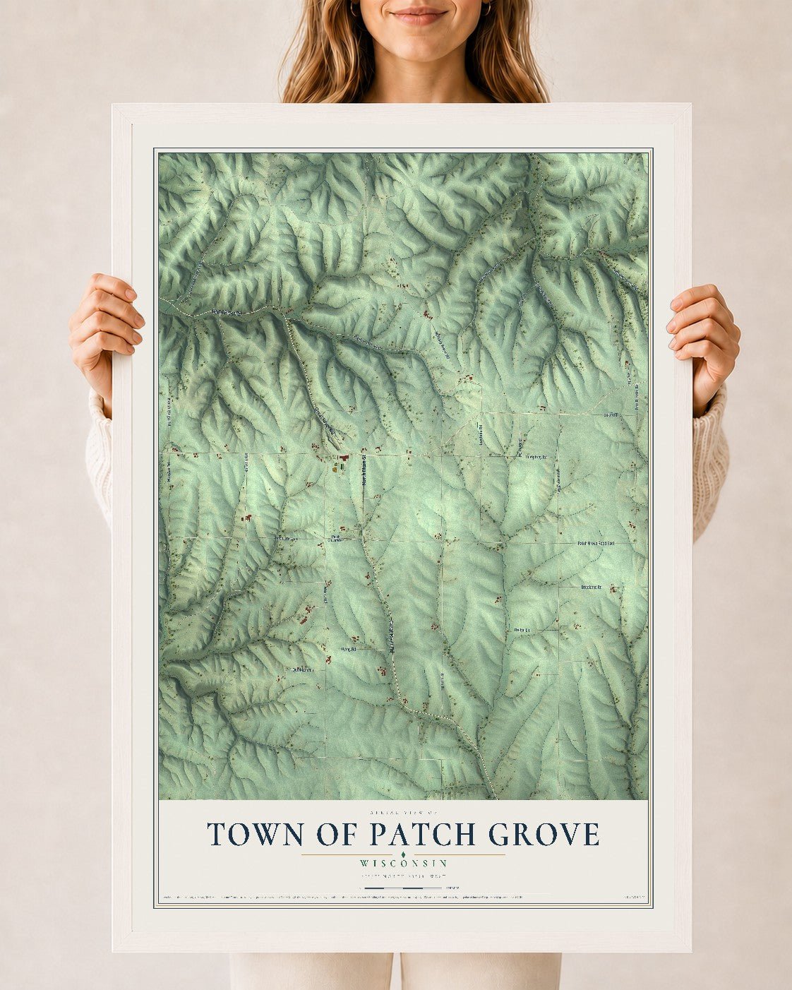 Map of the Town of Patch Grove, Wisconsin, 24 x 36 inch print in a white wood frame