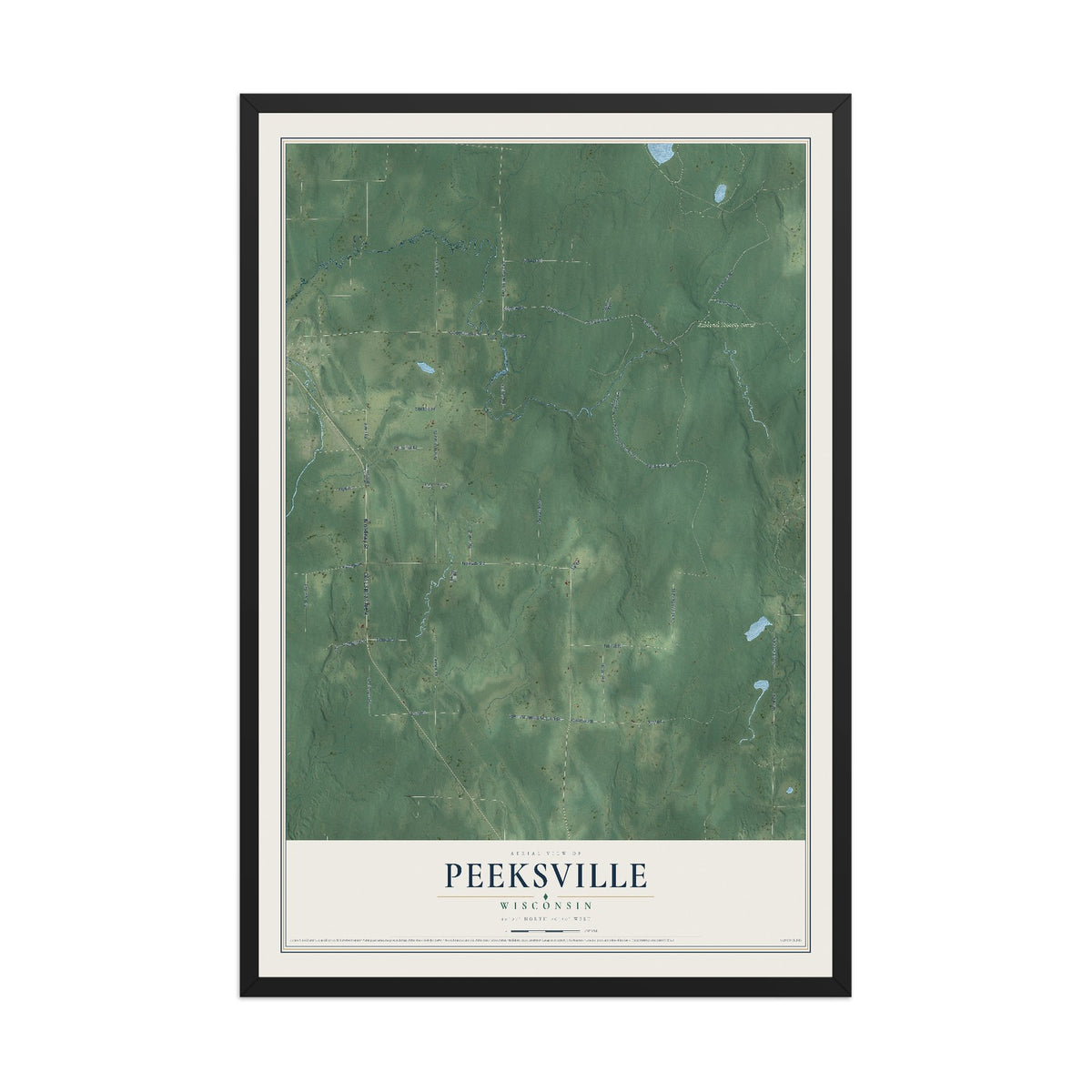 Map of Peeksville, Wisconsin, 12 x 18 inch print in a black wood frame