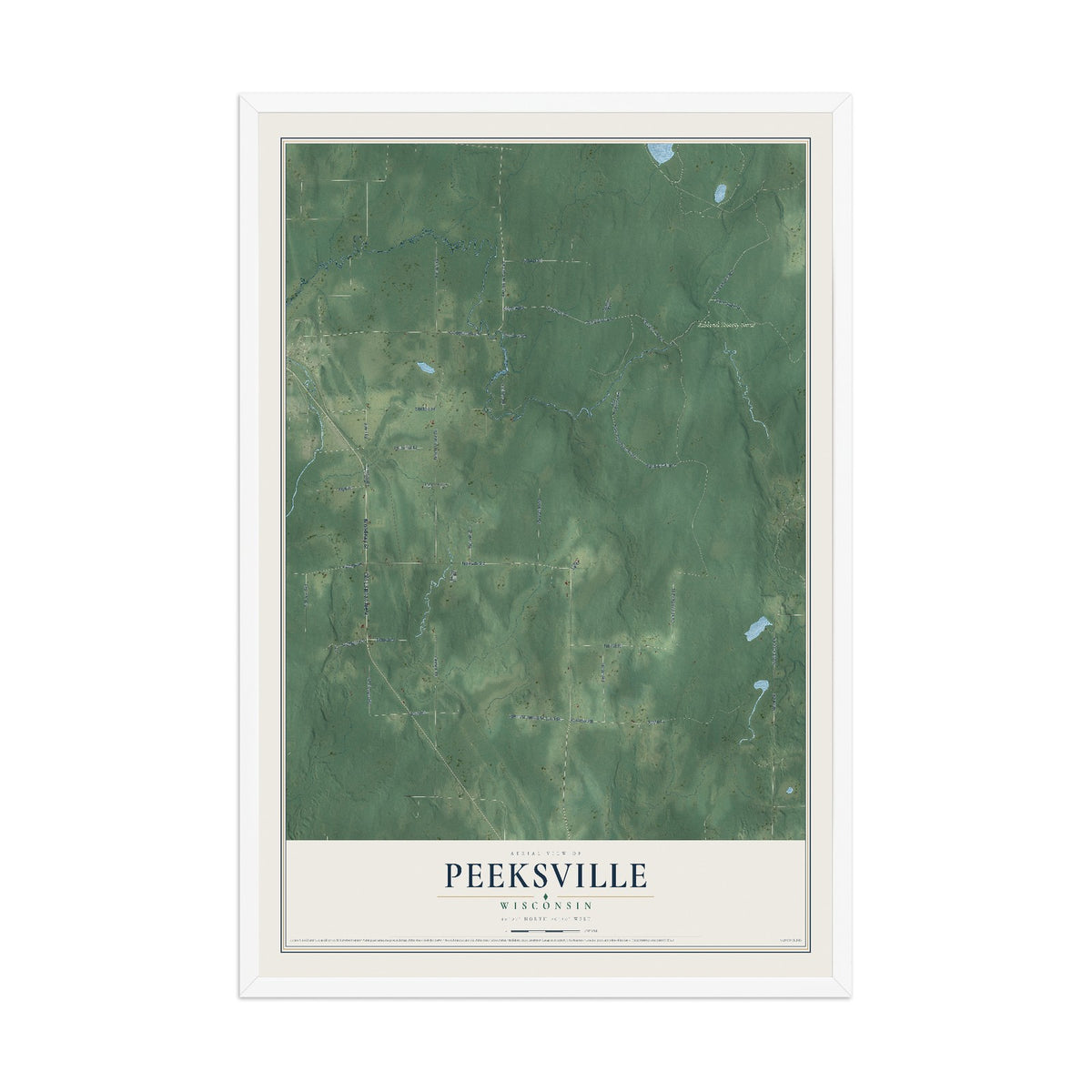 Map of Peeksville, Wisconsin, 12 x 18 inch print in a white wood frame