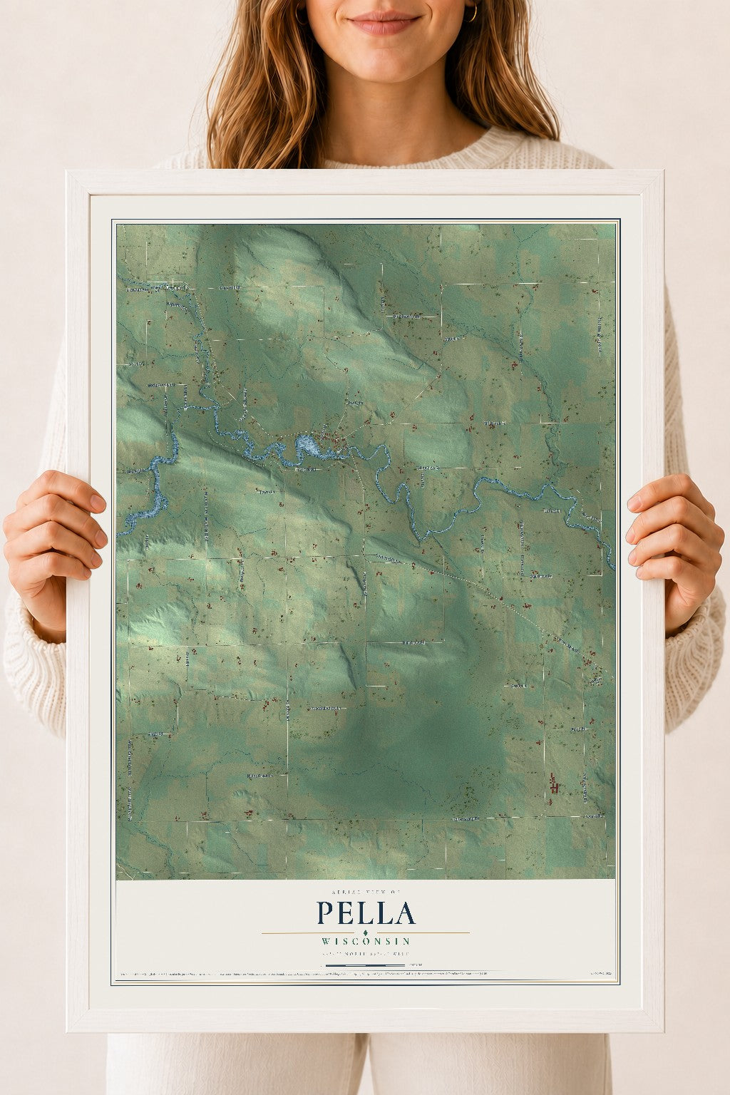 Map of Pella, Wisconsin, 18 x 24 inch print in a white wood frame