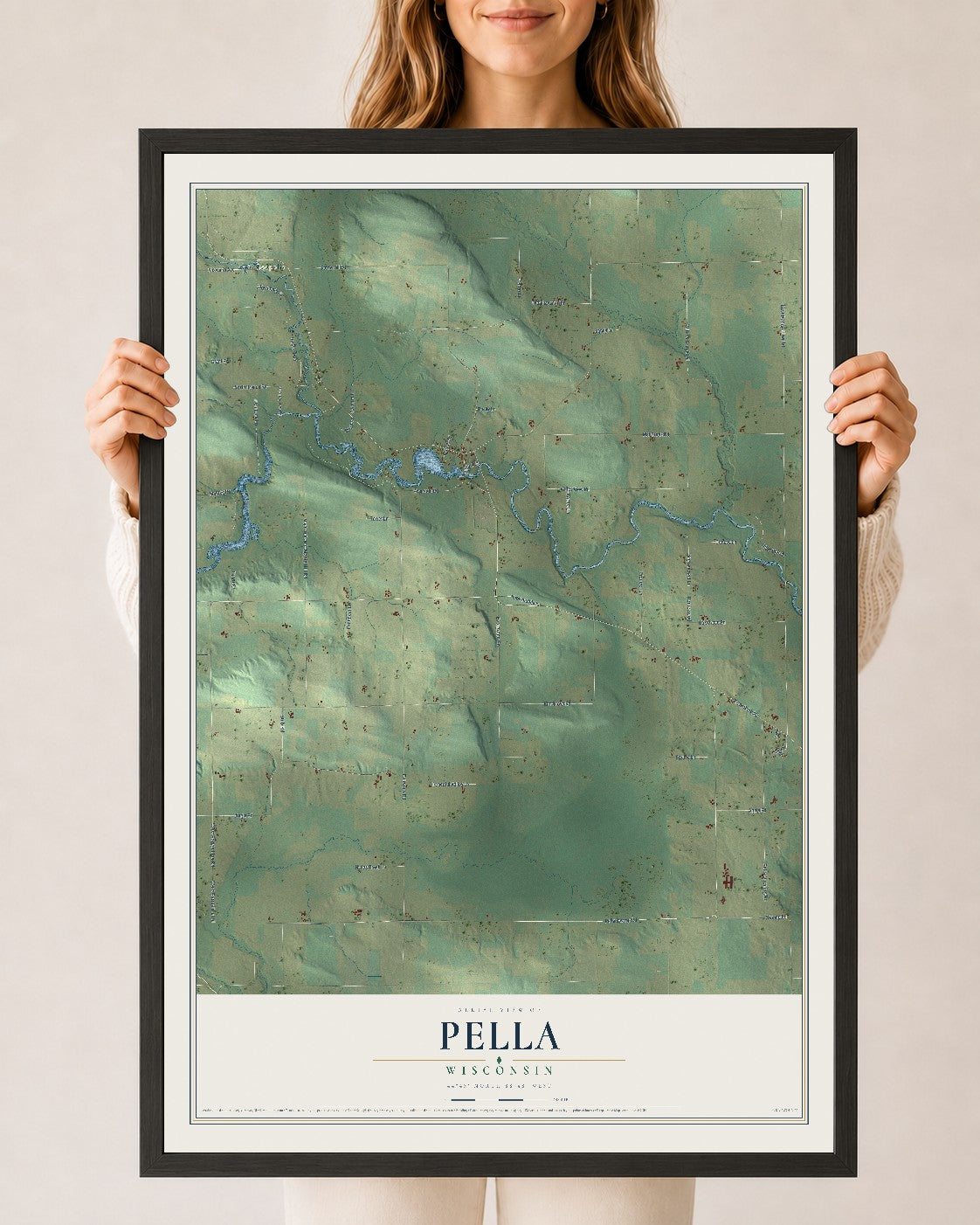 Map of Pella, Wisconsin, 24 x 36 inch print in a black wood frame