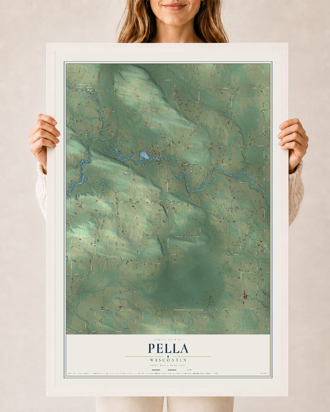 Map of Pella, Wisconsin, 24 x 36 inch print in a white wood frame