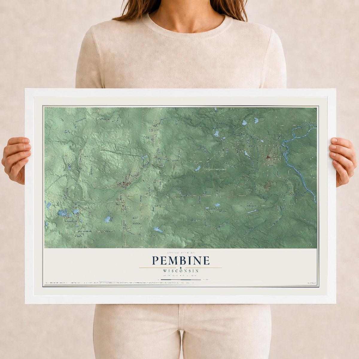 Map of Pembine, Wisconsin, 12 x 18 inch print in a white wood frame