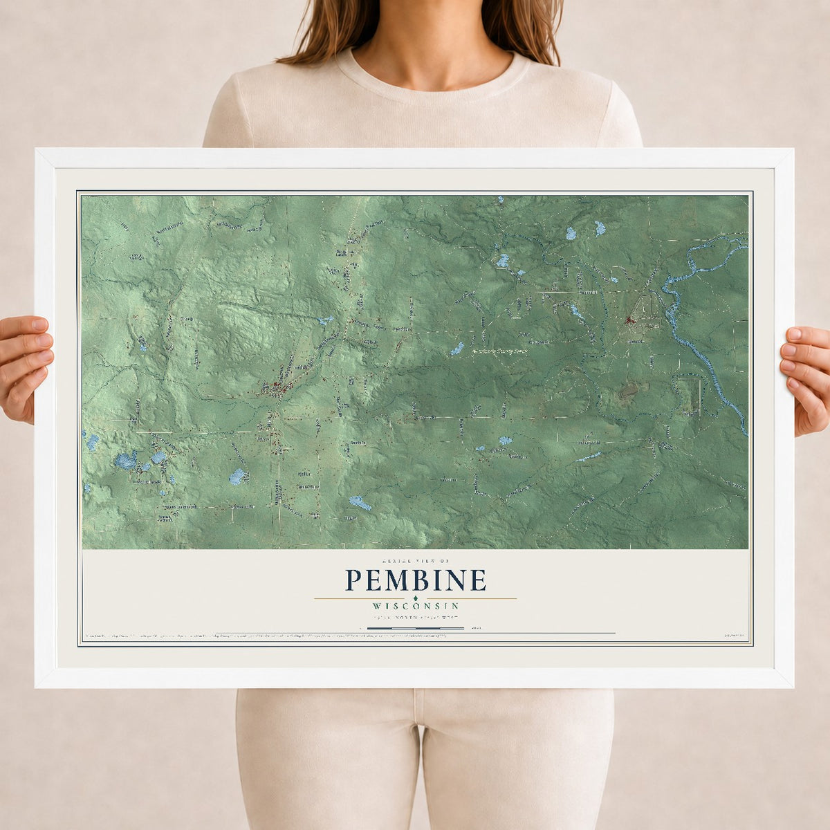 Map of Pembine, Wisconsin, 18 x 24 inch print in a white wood frame