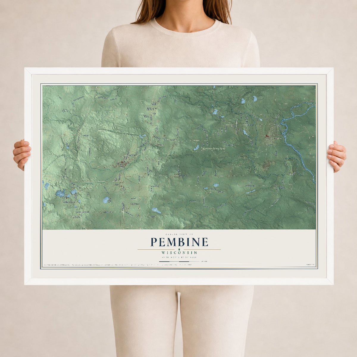 Map of Pembine, Wisconsin, 24 x 36 inch print in a white wood frame