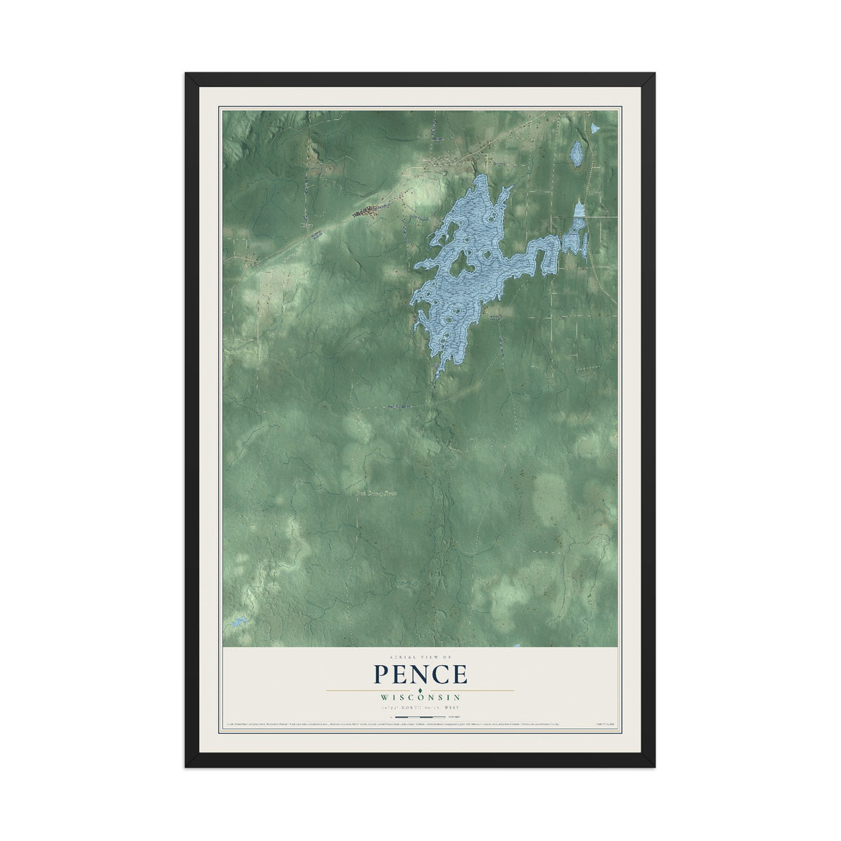 Map of Pence, Wisconsin, 12 x 18 inch print in a black wood frame