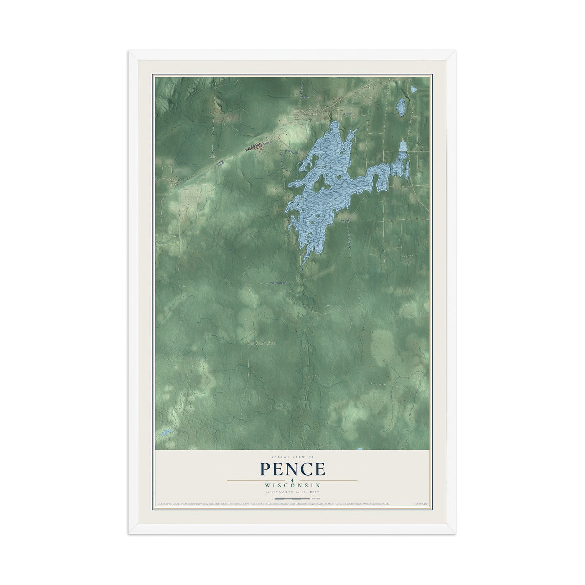 Map of Pence, Wisconsin, 12 x 18 inch print in a white wood frame