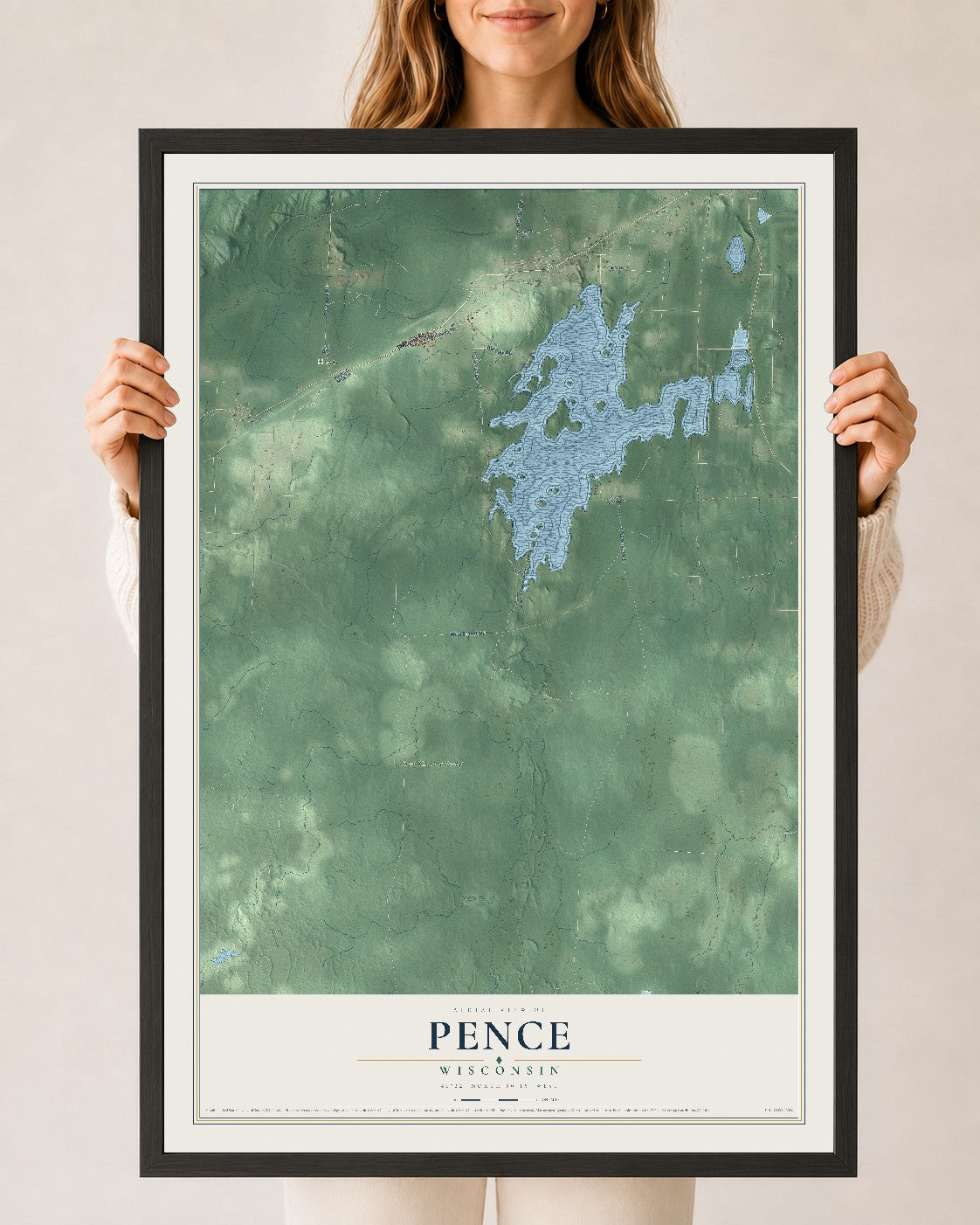 Map of Pence, Wisconsin, 24 x 36 inch print in a black wood frame