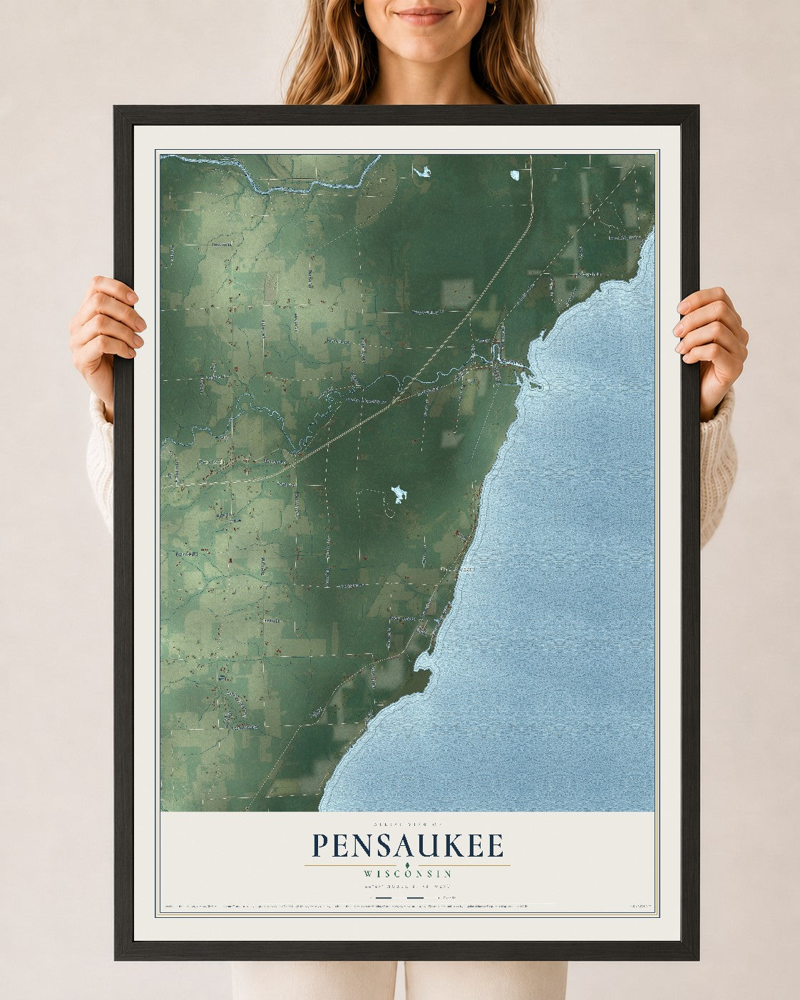 Map of Pensaukee, Wisconsin, 24 x 36 inch print in a black wood frame